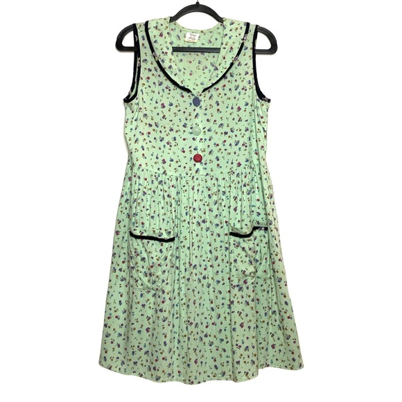 Vintage 1980s light green floral sleeveless collared dress size L - Picture 2 of 15